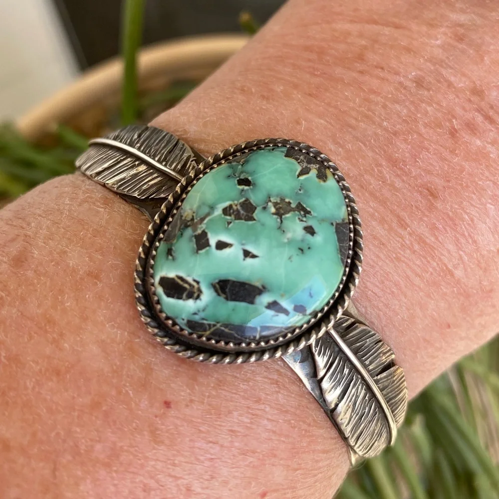 Prince Variscite Sterling Feather Cuff - Picture 5 of 5
